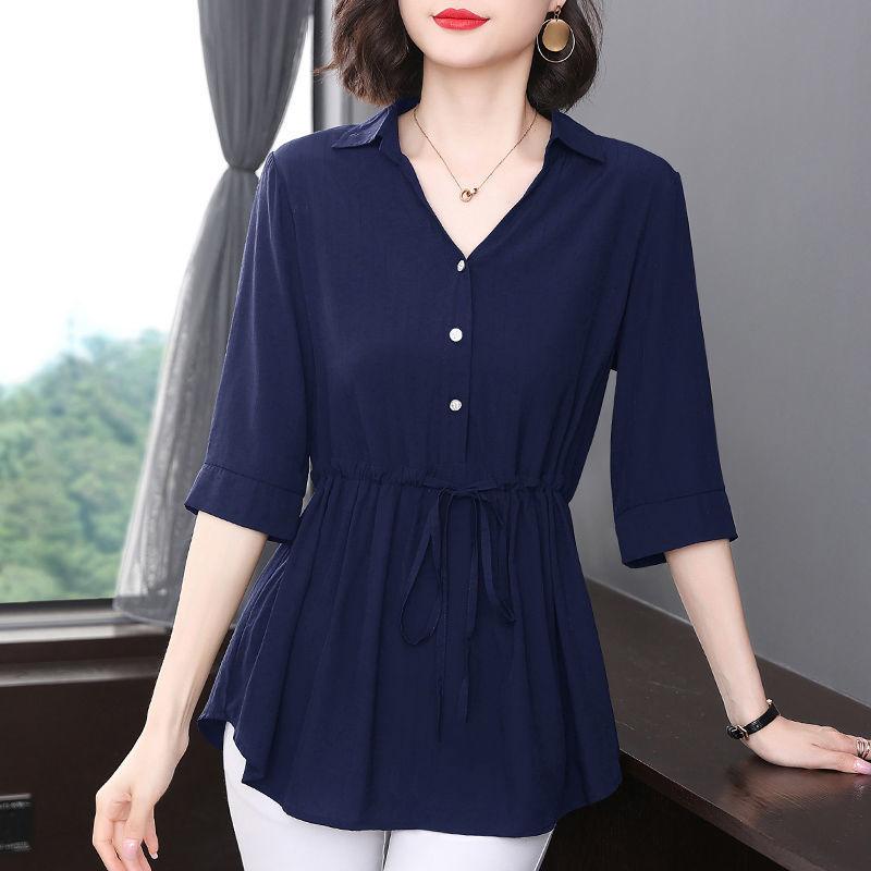 Women's Short Sleeved Shirt Mid Sleeved Summer Loose Top Black Plus Size Medium Long Shirt
