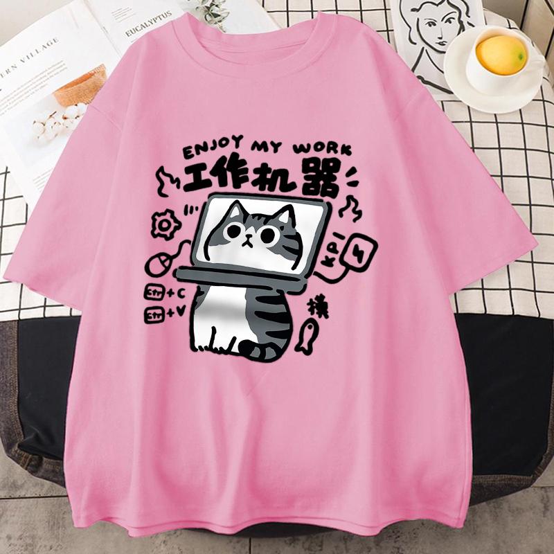 Fun Tool Cat Print Japanese Style T-Shirts Men Women Breathable Clothing Summer Cotton Tshirt Hip Hop Loose Oversized T-Shirt