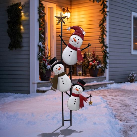 Rustic Snowman Yard Stake Vintage Metal Christmas Ground Stake, Distressed Sculpture with Three Climbing Snowmen Garden Sign for Outdoor Holiday