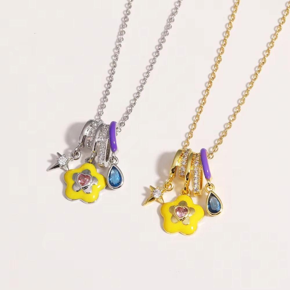 Simple Elegant Ice Cream Necklace Colorful Enamel Pendant Flower Zircon Necklace Jewelry Gift
