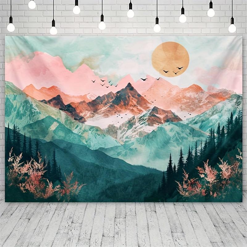One backdrop for a photo of mountain forest trees at sunset, a polyester fiber natural landscape hanging cloth, party decoration 130x150cm