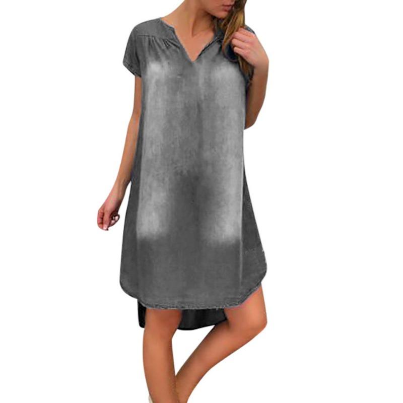 Ladies' Casual and Solid Color V-neck Short Sleeved Denim Dress