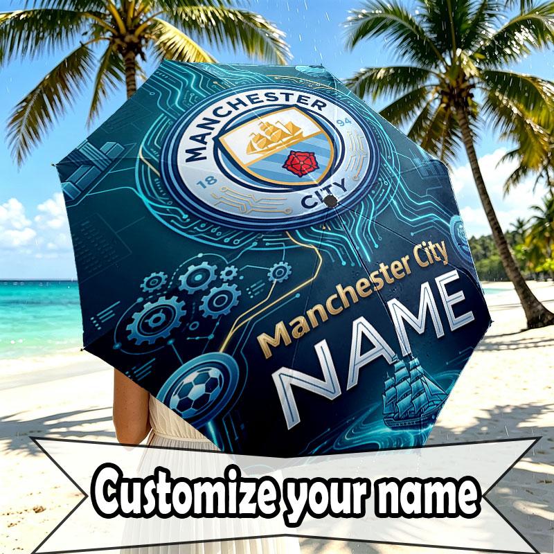 Custom Name Personalized Manchester City Print Umbrella, Auto Open Close, 8‑Rib Sturdy Frame, Commute Camping Hiking Use, Birthday Gift