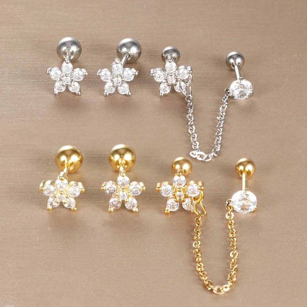 3PCS Fashion Stainless Steel Zircon Flower Stud Earrings Set for Women Double Hole Chain Helix Tragus Cartilage Piercing Jewelry