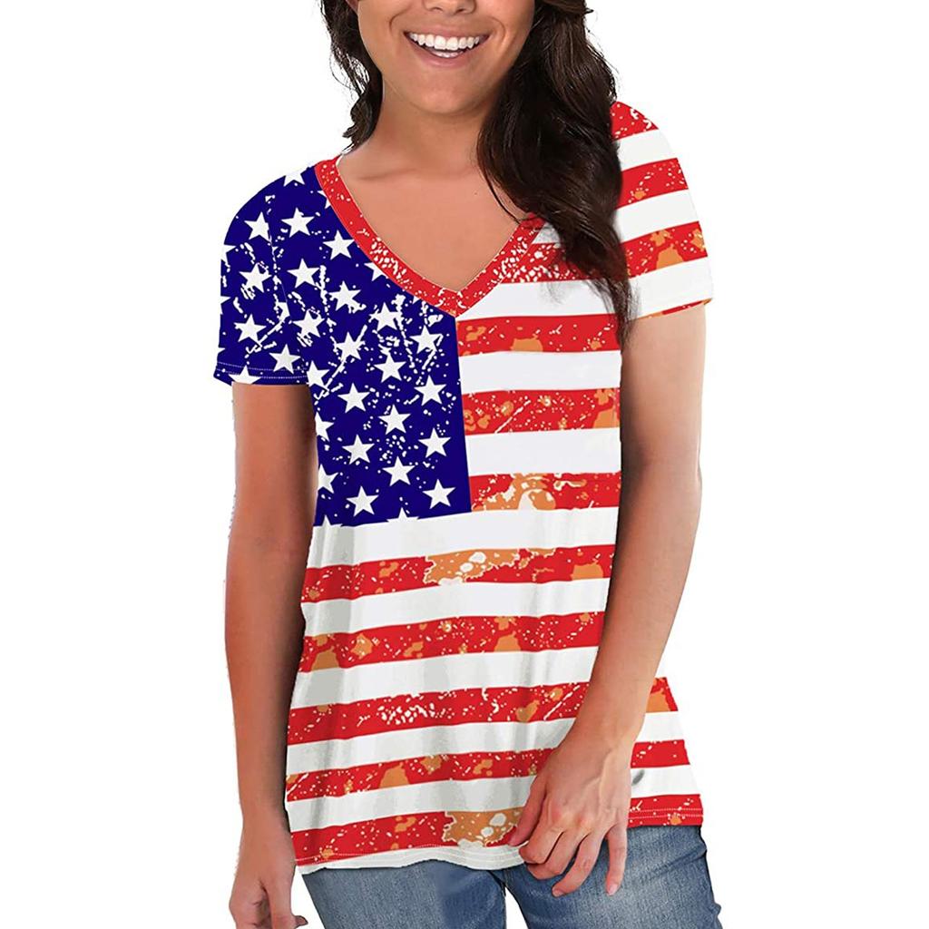 Independence Day Women's Casual V-Neck Loose Short Sleeve T-Shirt Blouse Tops