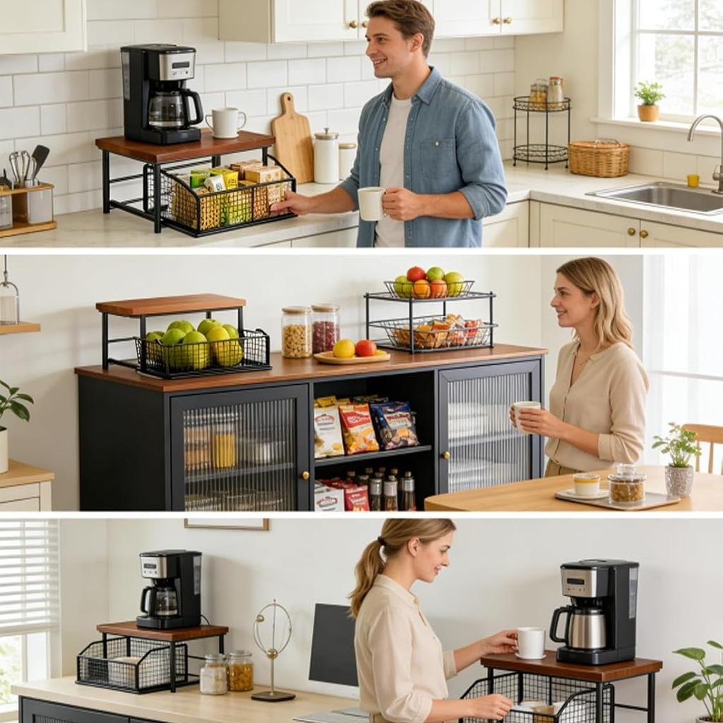 2 Tier Space Saving Kitchen Countertop Organizer with Drawer and Wire Basket with Sliding Storage Shelf