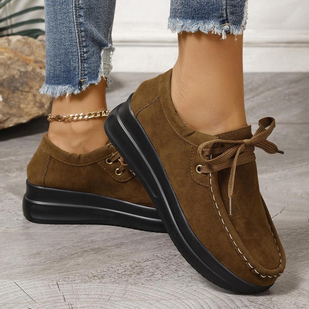 Fashion Suede Leather Platform Loafer Thick Sole Wedge Casual Chunky Shoes Women Trend 2024 Lace-up Womens Comfortable Walking Shoes