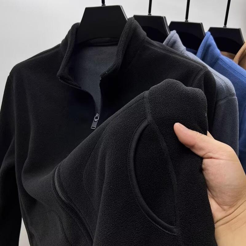 Men's Double-Sided Fleece Hoodie Jacket - Anti-Cold, Thickened, Solid Color, Stand Collar.