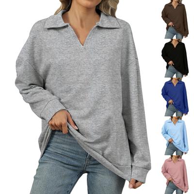 Women's Fashion Pullover Sweatshirt Solid Color Lapel Loose Long Sleeve Sweatshirt Top