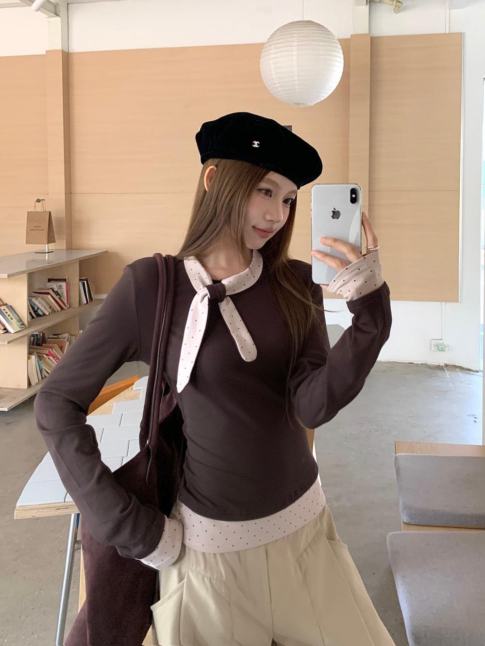 New Autumn/Winter Polka Dot Color Block Plus Velvet Two-Piece T-shirt for Women One Size