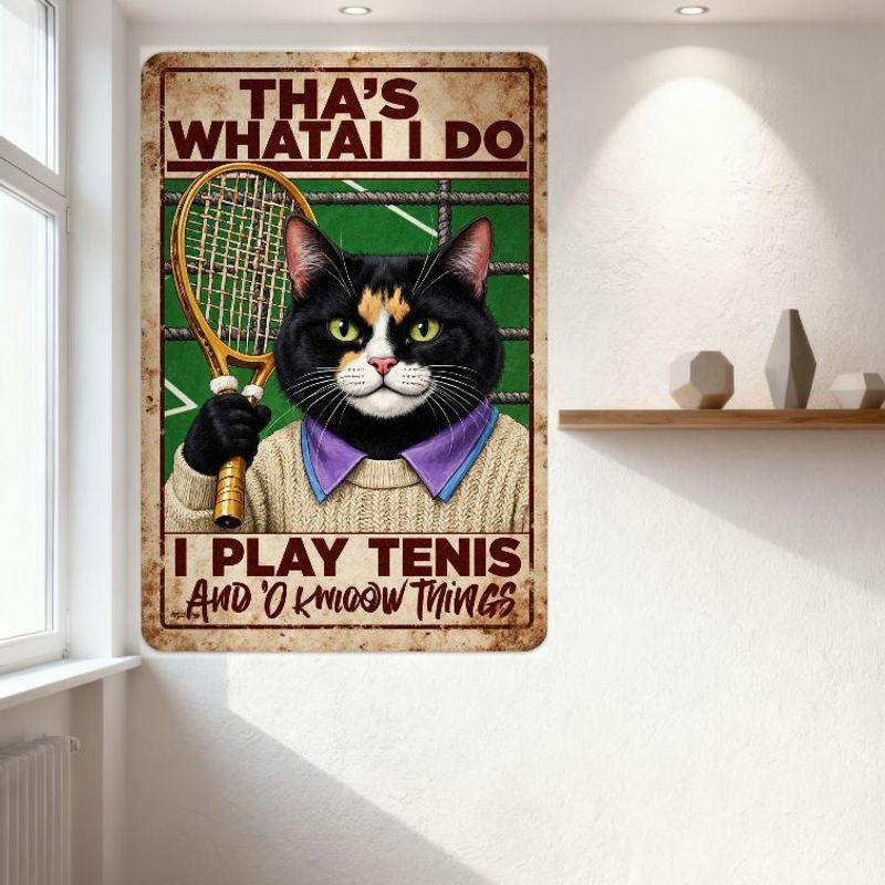 Vintage Style Tennis Cat Tin Sign, Black Cat with Beige Sweater Holding Racket Metal Poster for Bar Home Cafe Wall Decor, 8x12 I
