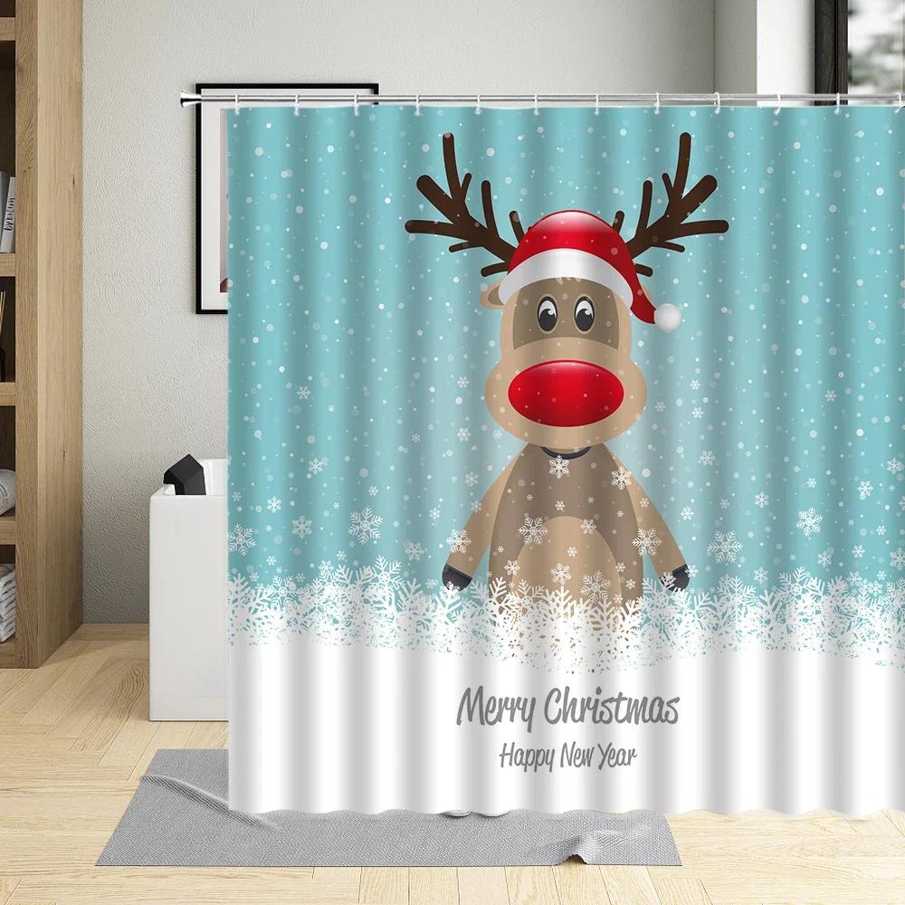 Merry Christmas Shower Curtain Xmas Tree Socks Elk Wooden House Snowman Winter Festival Decor Wall Cloth Bathroom Curtains Sets