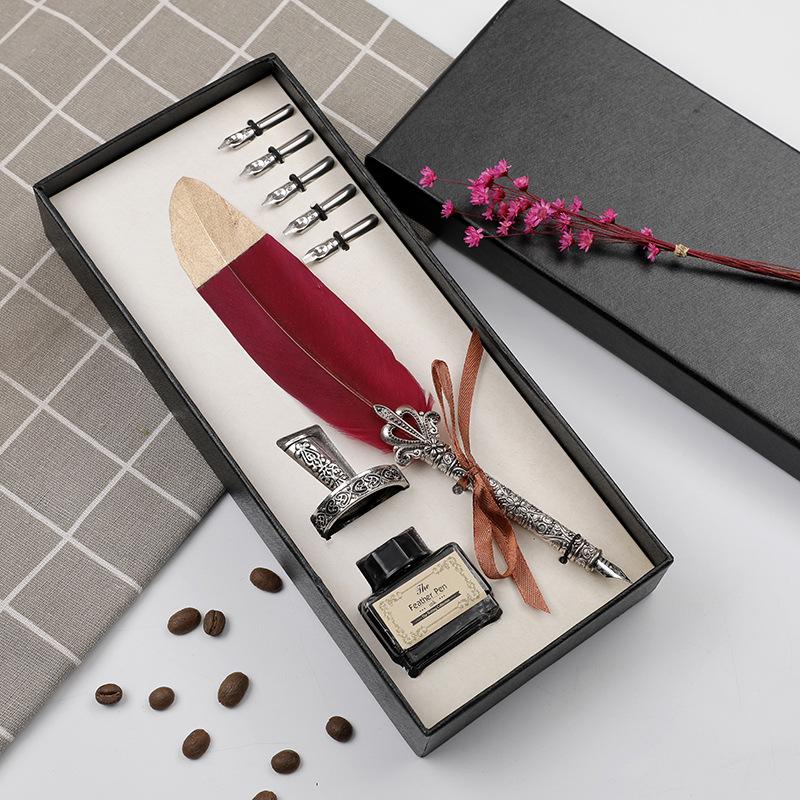 European Retro Feather Calligraphy Set: Oblique Nib Dip Pen with Holder and Ink Engraving