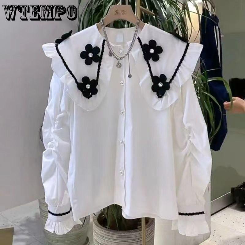 Women's Cute White Shirt Chubby and Stylish Doll Collar Shirt Top