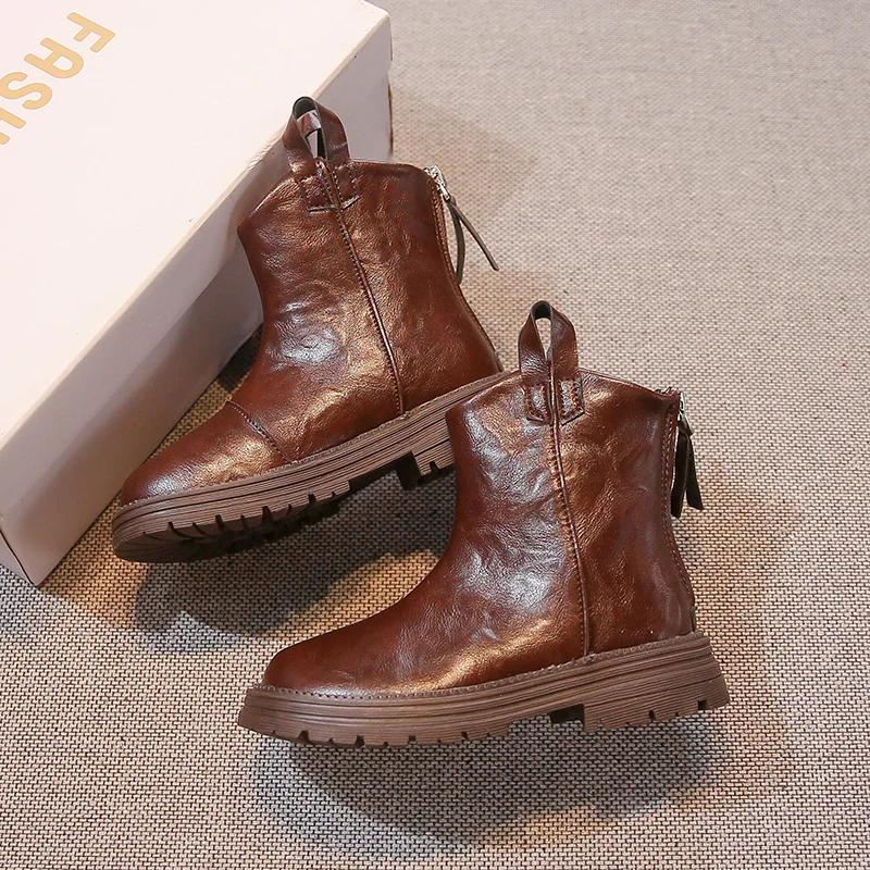 New Children Leather Boots Spring Autumn Girls Ankle Boots Thick Bottom Non-slip Kids Causal Fashion Boots Round-toe Versatile