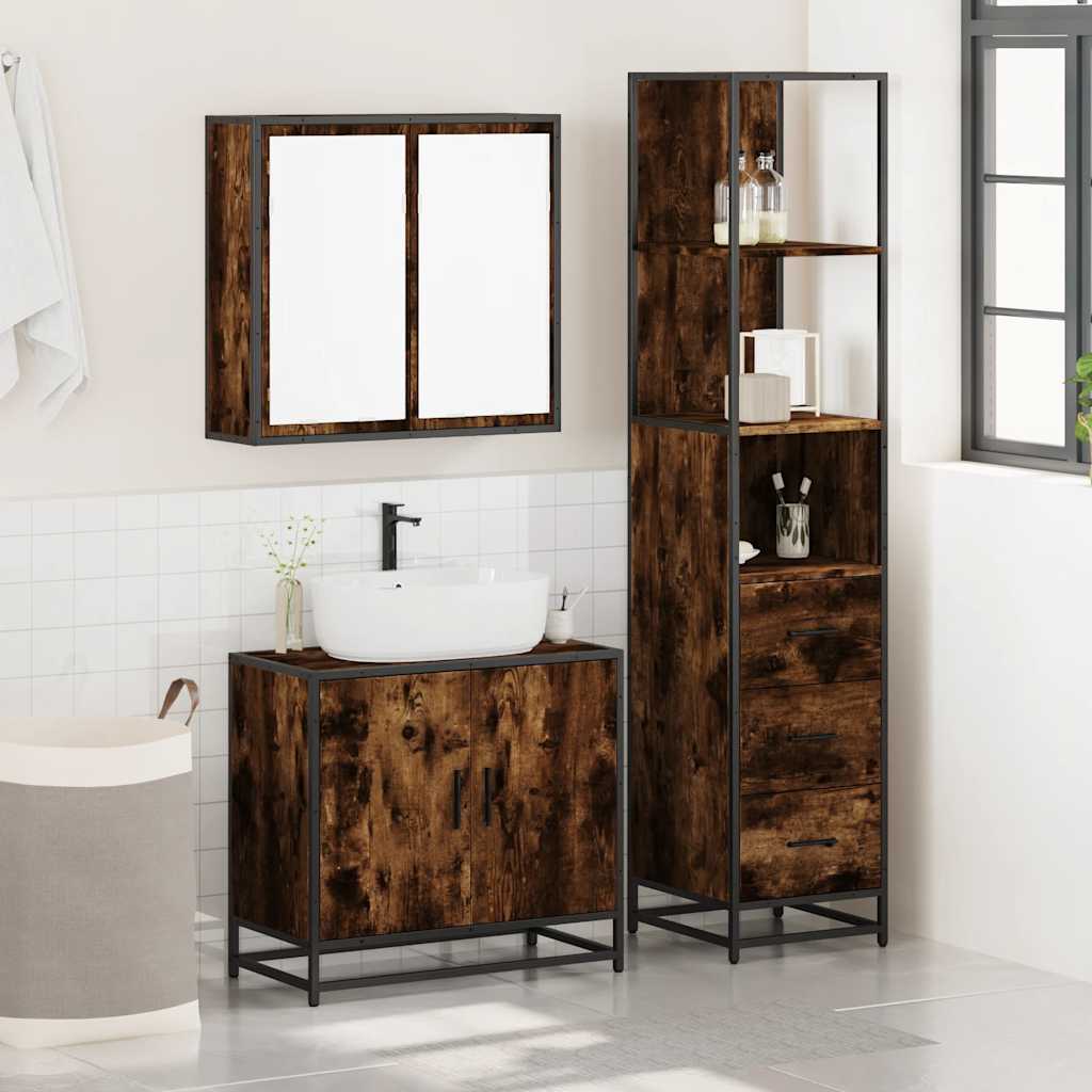 3 Piece Bathroom Furniture Set Smoked Oak Wood Based Material