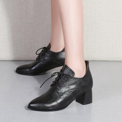 Women's Shoes Spring and Autumn Lace-up Small Leather Shoes Women's British Soft Leather Pointed Toe Deep Thick Heel Medium-heeled Single Shoes