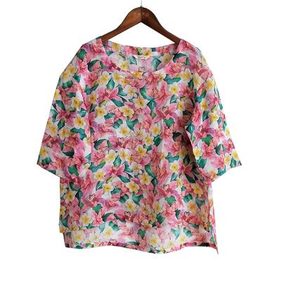 Damen T-Shirts mit Blumenmuster, Vintage, O-Ausschnitt, sieben Ärmel, Sommer, hochwertige, lockere Damen-T-Shirts, lässig, weich