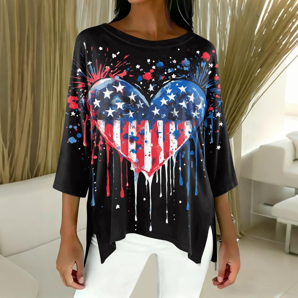 Women's Fashion Independence Day Print Three-Quarter Sleeve Top