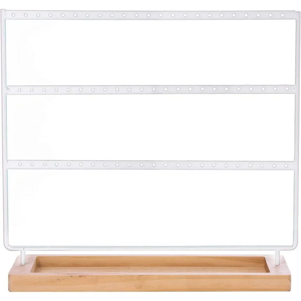 Øredobbeholderstativ 3-etasjers 69 hull Øredobb-organiseringsstativ Utstilling med oppbevaringsbrett i tre Skrivebordsarmbånd Smykkeholder