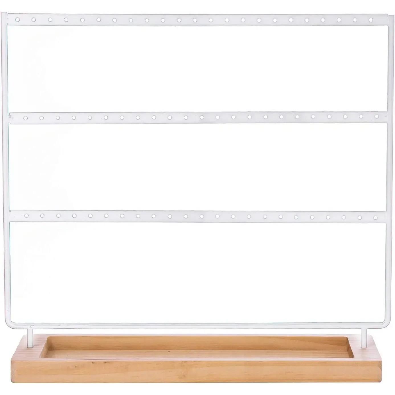 Подставка для сережек, 3-уровневая, 69 отверстий, органайзер для сережек, подставка-дисплей с деревянным лотком для хранения, настольный держатель для браслетов и ювелирных изделий белый