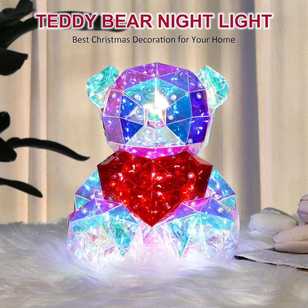 Large Prismatic Iridescent Love Bear With LED Lights, Colorful Glow Indoor Decorations for Girlfriend Valentine's Day Gift