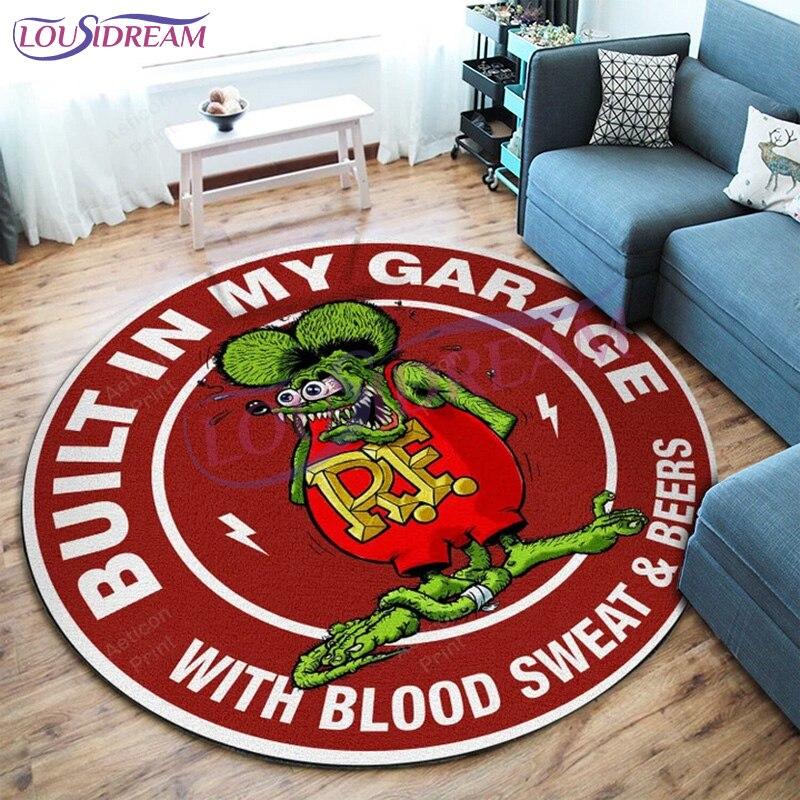 Tappeto Rotondo Garage Hot Rod Rat Fink Retrò, Tappetino Decorativo Artistico Personalizzato, Tappeto da Area Lavabile Antiscivolo per Camera da Letto e Ufficio