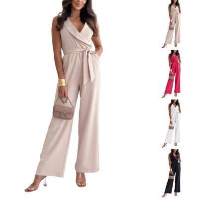 Women's Fashionable Casual High Waisted Wide Leg Tapered Jumpsuit With Tie Waist For Commuting