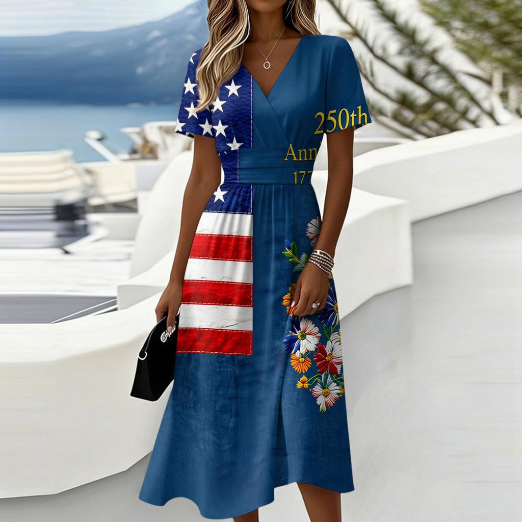 Women's Independence Day Print Casual Fashion Short Sleeve V-Neck Dress