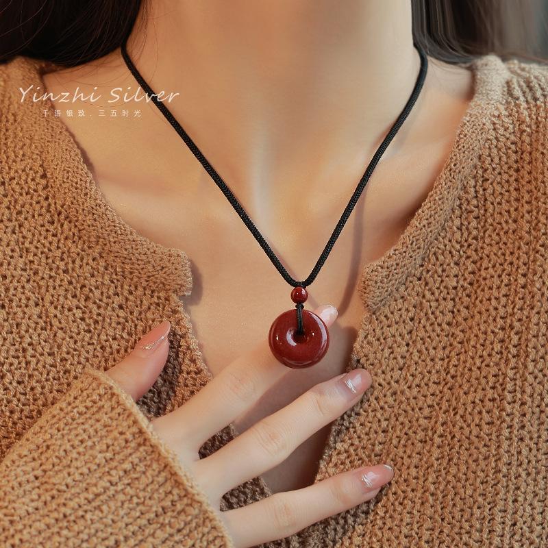 Cinnabar necklace for women, light luxury niche style, peace pendant sweater chain, new popular design accessory, gift for best friends Peace Pendant Cinnabar Ne