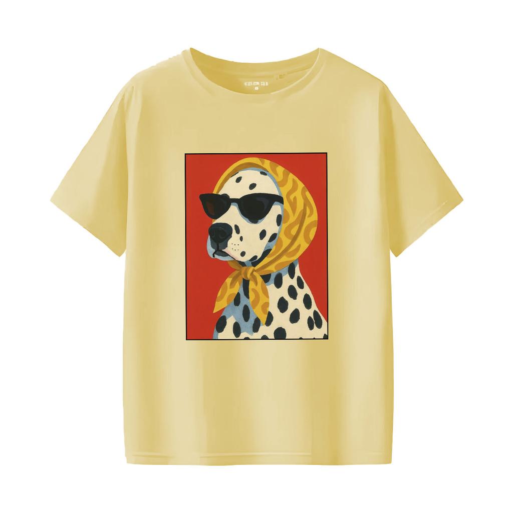 Modisches Cartoon-T-Shirt mit gesprenkeltem Hundeprint, lässig, kurzärmelig, Rundhalsausschnitt, für alle Jahreszeiten geeignet, vielseitiges Damen-T-Shirt