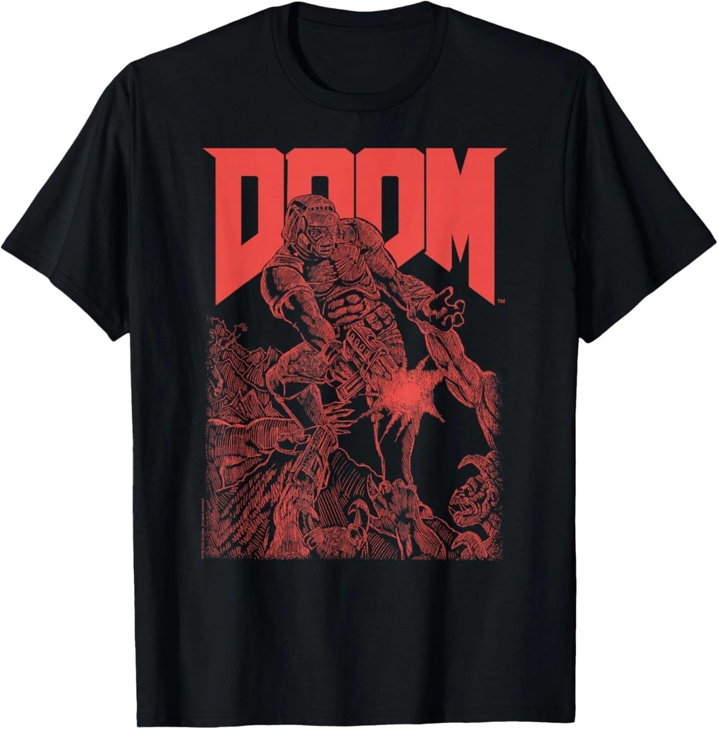 

Doom Red Sketched Cover Art Retro Video Game 100% Cotton T-shirt Mens Tees Top M