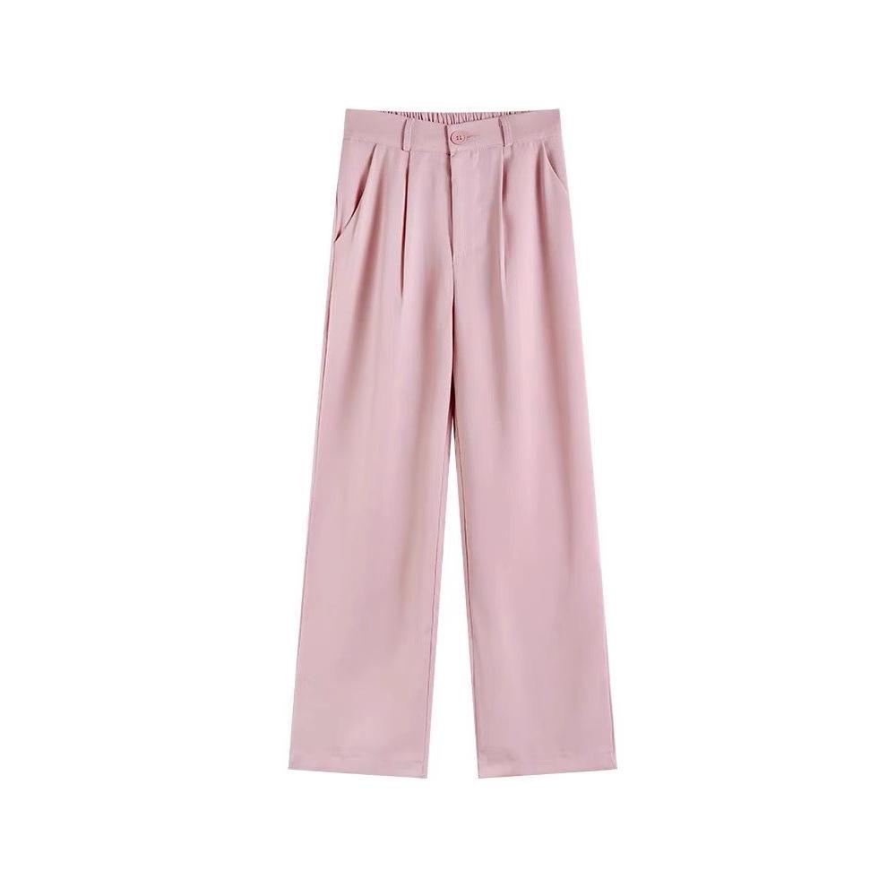 Women's Pink Ice Silk Loose High Waist Wide Leg Pants - Summer & Spring