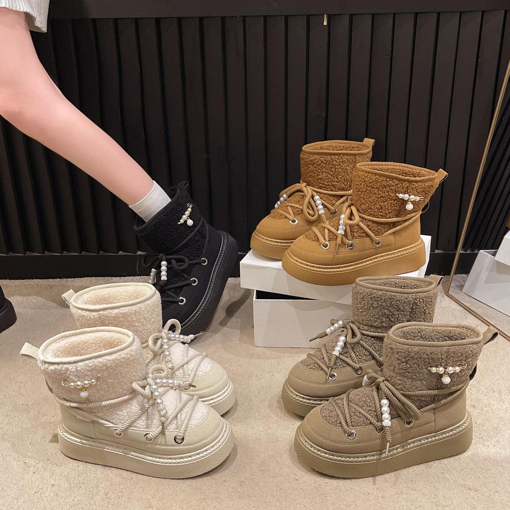 2024 Round Head Lace-up Fashion Warm Cotton Shoes Platform Versatile Snow Boots Flat Casual Winter Shoes Women Botas De Mujer