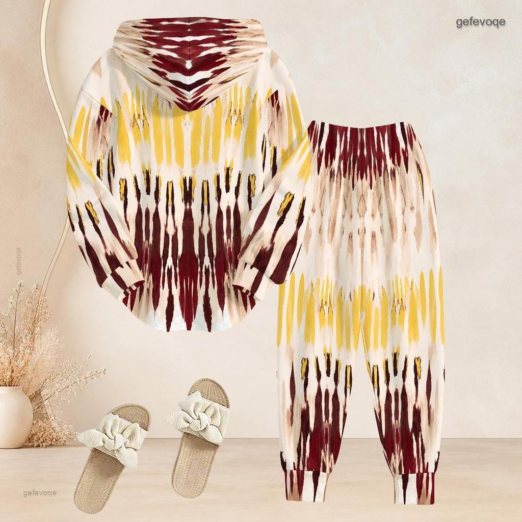 Women Plus Size Printed Two Piece Set Long Sleeve Hooded Top Cuffed Pants