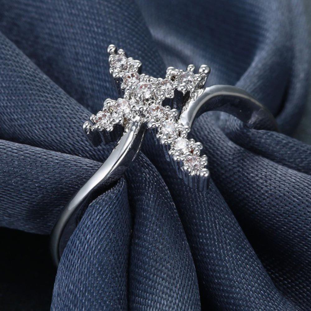 Women Silver Cross Ring with Diamonds Stylish European Fashion Jewelry Gift