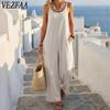Moda donna casual estate primavera tinta unita stampa senza maniche bretelle pantaloni larghi vita tute e pagliaccetti
