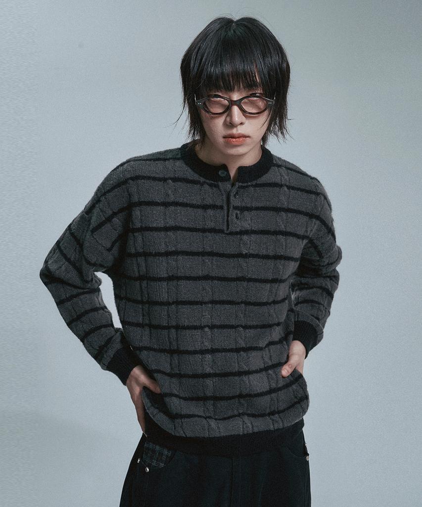 MOO Soft Stripe Henley Neck Knit - Black