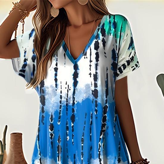 Dámské letní šaty s výstřihem do V, krátkým rukávem, designem s bočním rozparkem, maxi šaty s potiskem tie-dye, volného střihu, ležérní šaty