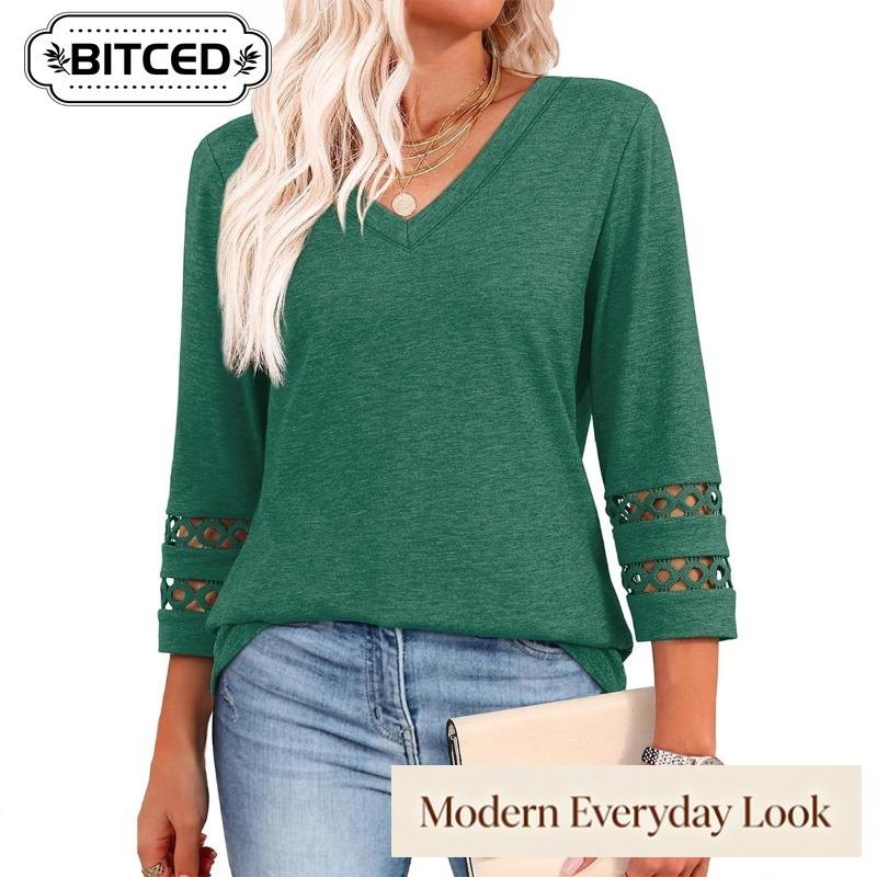 BITCED Women's Fashion Casual Solid Color Print Long Sleeve V-Neck Blouses & Shirts