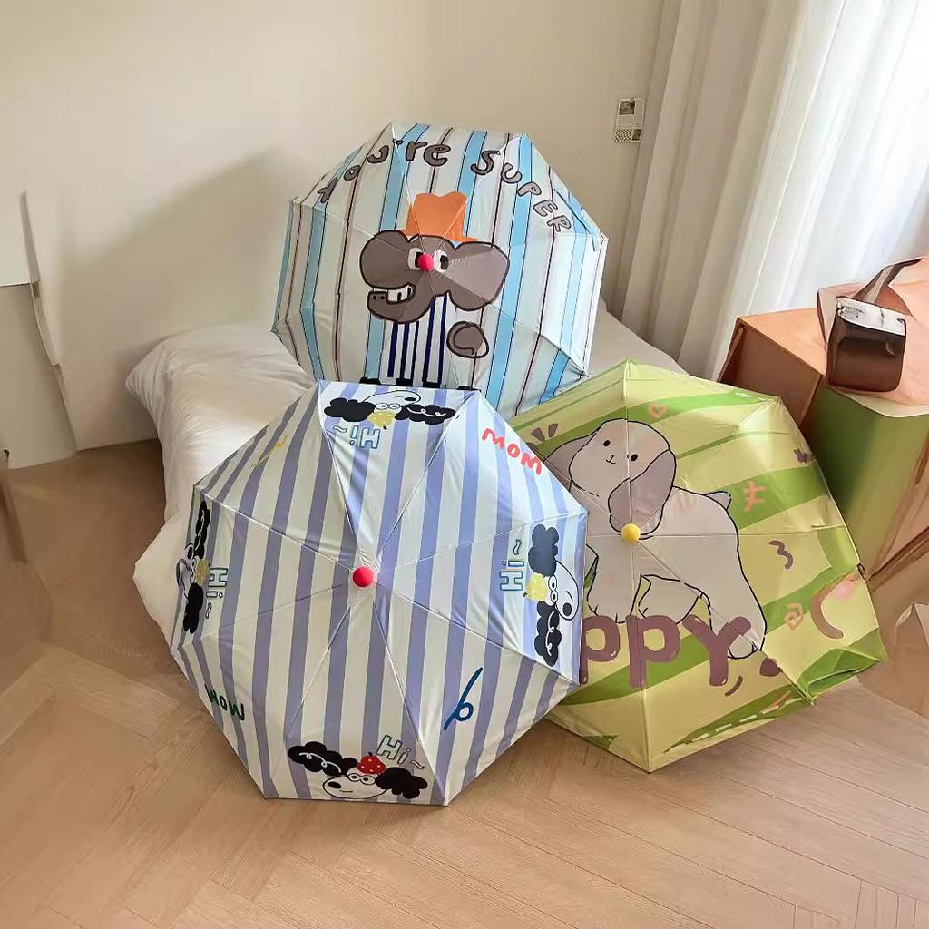 New hand-opened 8-bone vinyl curved hook umbrella, weather and rain cartoon design sunshade, folding sunscreen sun umbrella