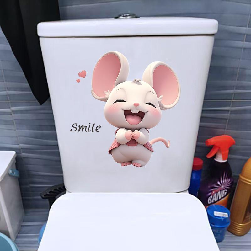 Self-adhesive Cute Cartoon Smiling Mouse Toilet Stickers for Bathroom Toilet Seat and Tank Home Decor
