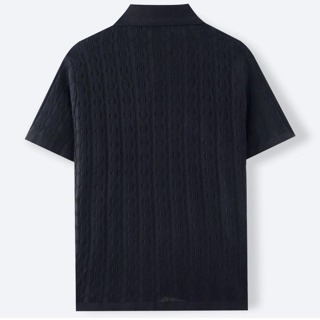 Men's Summer Casual Knit Jacquard Short Sleeve Cardigan Business Polo Shirt Button Front Lightweight Breathable Fabric