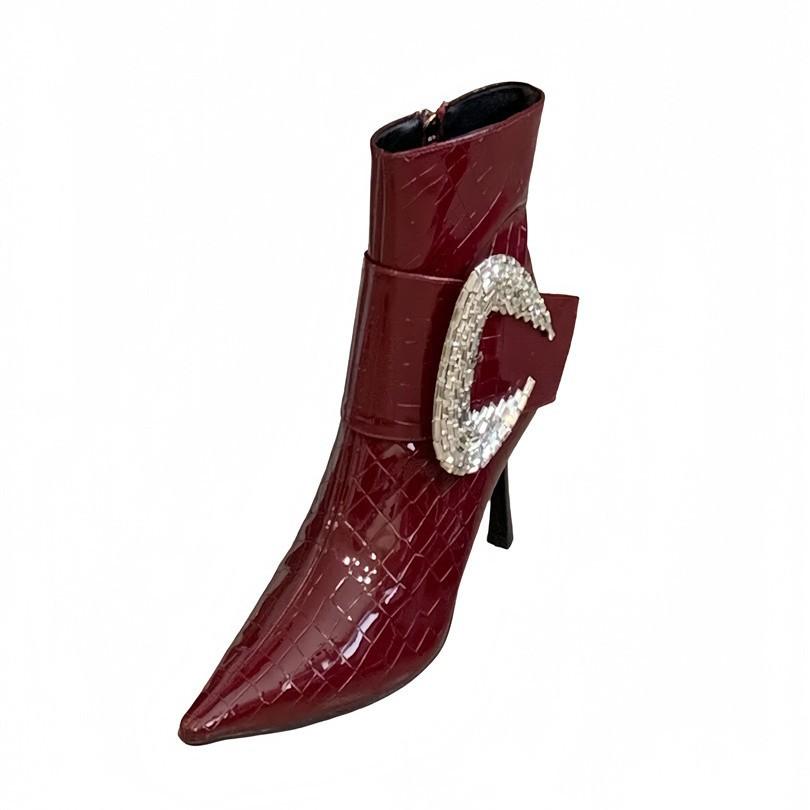 2025 autumn new pointed thin heel high heel temperament thin French fashion sexy rhinestone buckle short boots