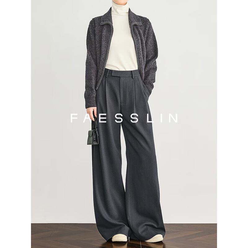 FAESSLIN Women's Relaxed Fit Wool Blend Wide-Leg Trousers