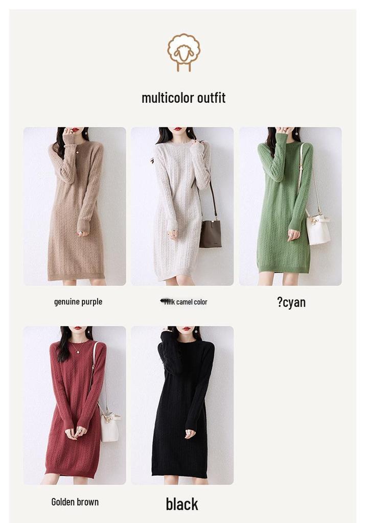2023 Women's Mid-Length Merino Wool Sweater Dress - Round Neck, Long Sleeve Knitwear for Autumn and Winter