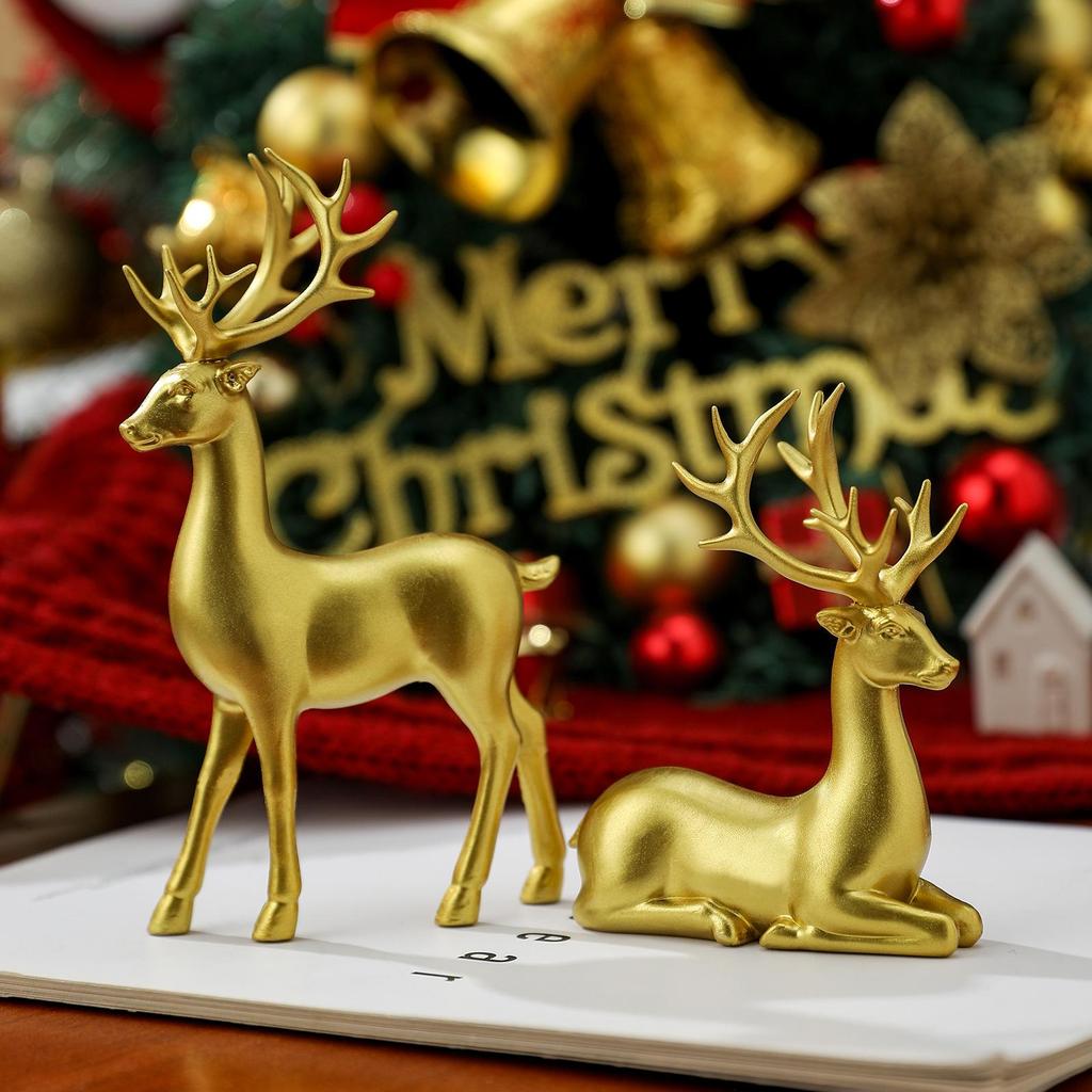 Elegant Reindeer Figurine Set – 2-Piece Christmas Tabletop Decoration, Standing & Lying Deer Statues, Gold/Silver/White/Black, Festive Home Ornament
