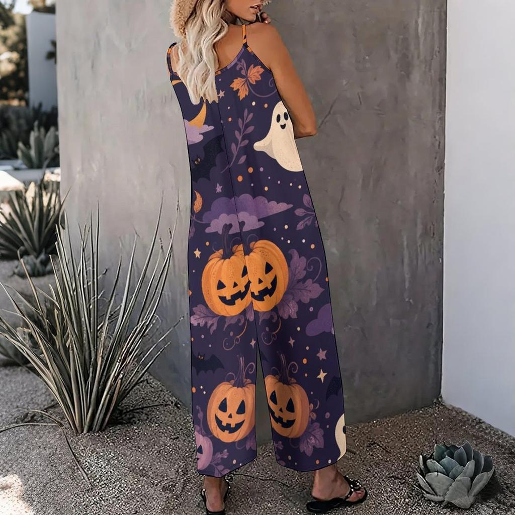 Women Spaghetti Strap Jumpsuit Retro Pop Art Star Heart Cosmic Print Wide Leg Pants With Pockets