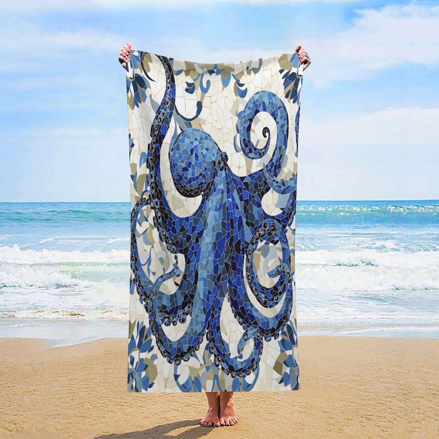 Shanika Chen Blue Octopus Mosaic Oversized Microfiber Beach Towel Quick-Dry Soft Absorbent Lightweight Travel Essentials For Pool Bath Yoga