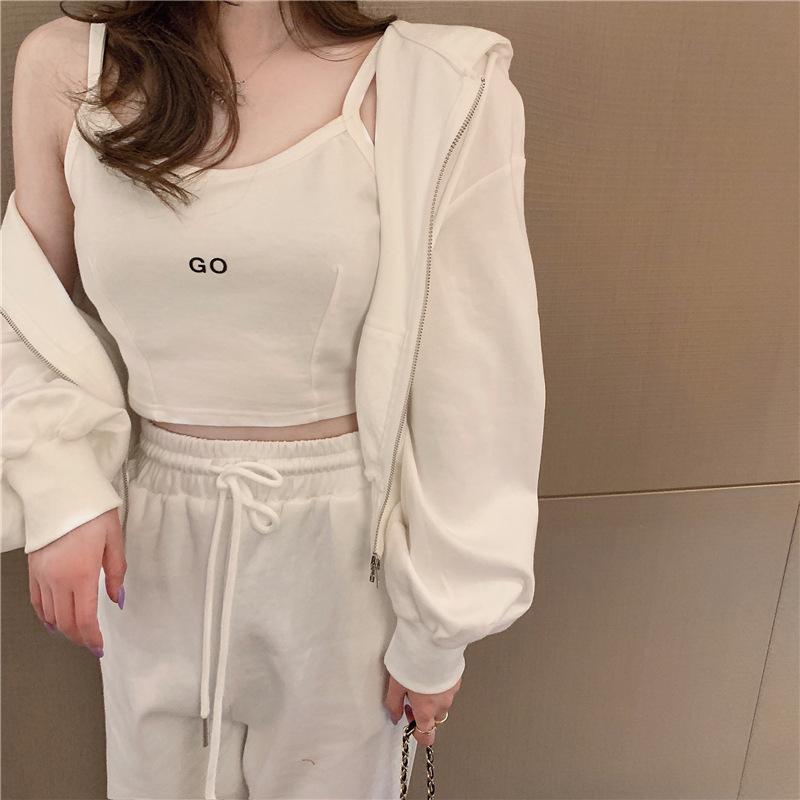 2024 Spring Hong Kong Style Women's Casual Three-Piece Sportswear Set: Long Pants, Zipper Hoodie, Camisole.